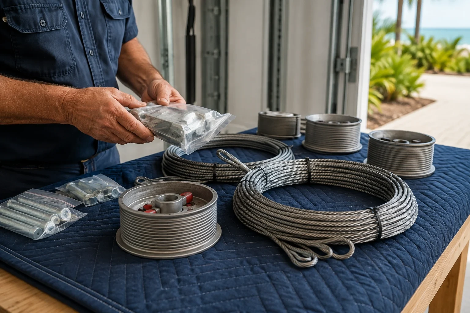 Loose cable coils, loop ends and drums on a padded workbench