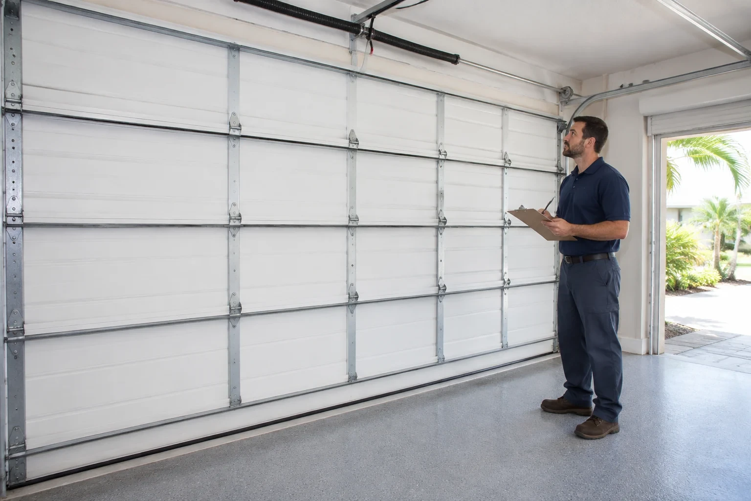 Person holding a clipboard beside a closed sectional garage door