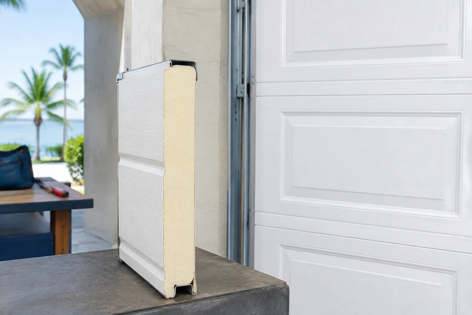 Detached garage-door panel cross-section with a foam-like core