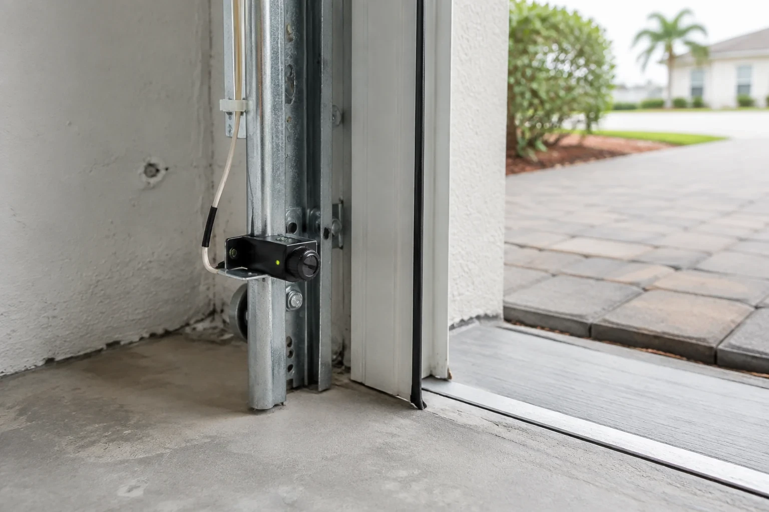 Black device with a circular front beside a garage-door track